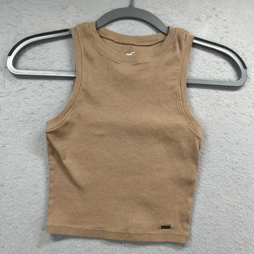 Hollister Tank Top Womens XS Tan Brown Ribbed Crop Top‎ High Neck Sleeveless Y2K